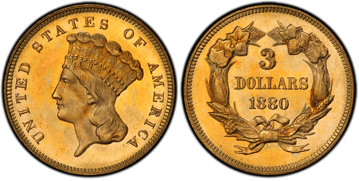 1880 Three-Dollar Gold Piece. MS-66+ (PCGS).